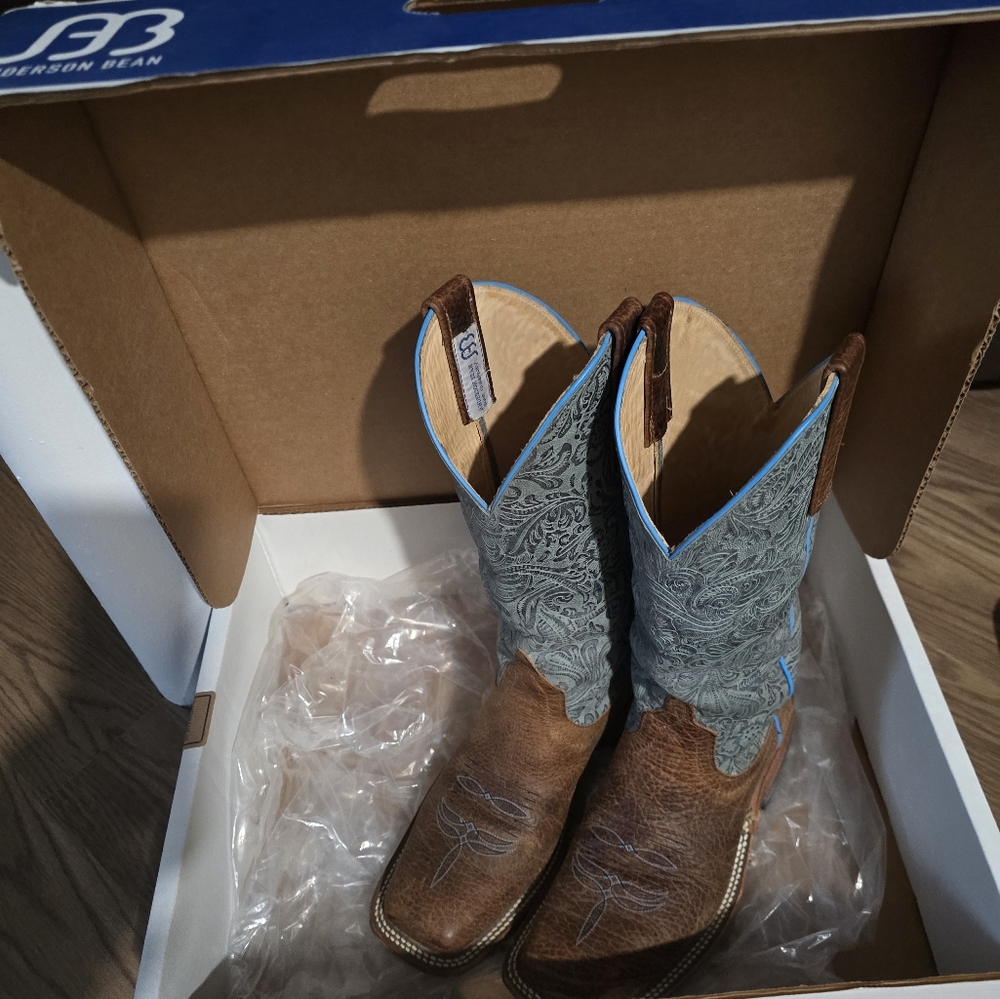 Anderson Bean Brown bison and Blue floral top Cowboy Boots